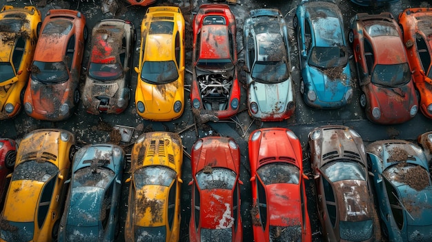 Ein Vogelblick auf verlassene mehrfarbige alte Autos
