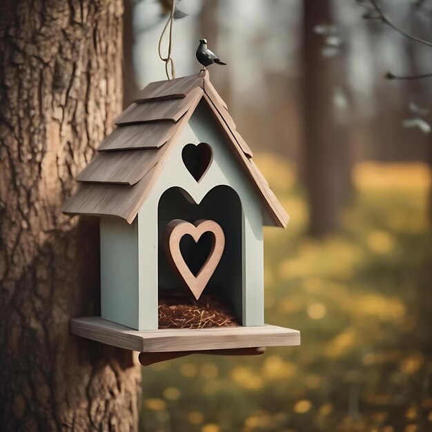 Foto ein vogelhaus hängt an einem baum mit der sonne, die durch die bäume scheint