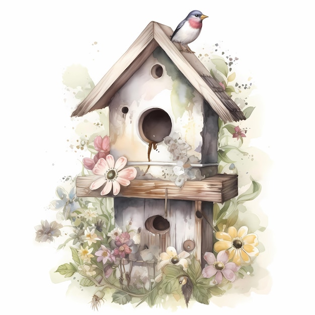 Ein Vogelhaus mit Blumen und Vögeln darauf