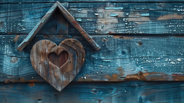 Foto ein vogelhaus mit einem herz, das davon hängt, perfekt für liebesdesigns