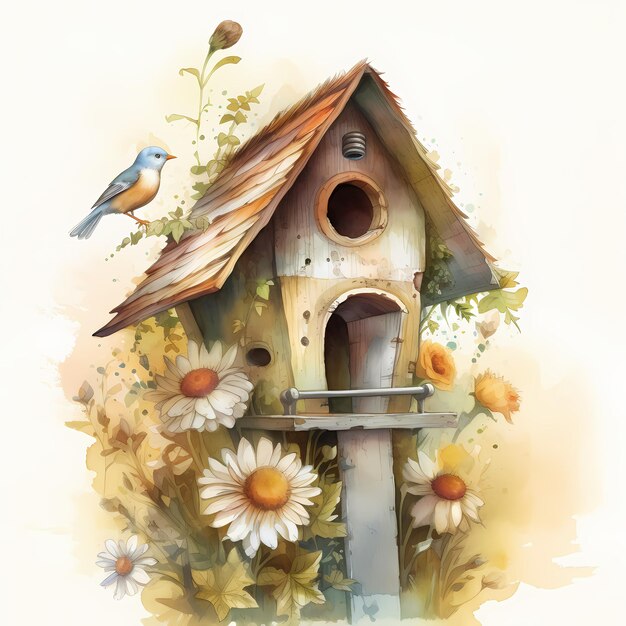 Ein Vogelhaus mit einem Vogel darauf und Blumen darum herum