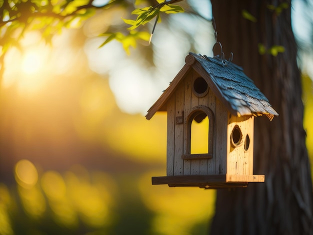 Ein Vogelhaus und ein Futterhäuschen hängen am Ast