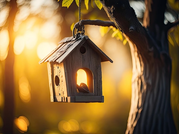 Ein Vogelhaus und ein Futterhäuschen hängen am Ast