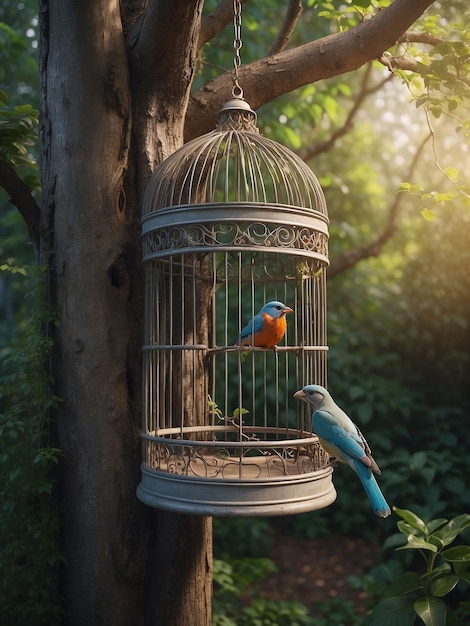 Ein Vogelkäfig in einem Baum mit einem Vogel, der darin sitzt, während die Käfigtür offen war