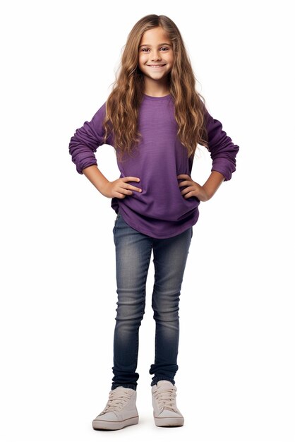 Ein vollkörperiges süßes Mädchen mit langen Haaren und einem lila Hemd ist auf einem weißen Hintergrund isoliert