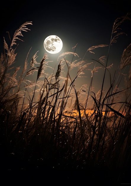 Foto ein vollmond steht hinter einem stück großes gras und der mond ist im hintergrund