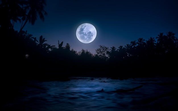 Foto ein vollmond über einem fluss mit bäumen im hintergrund