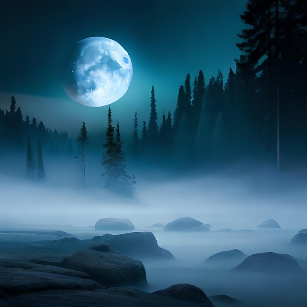 Ein Vollmond über einem Wald mit Nebel und Bäumen