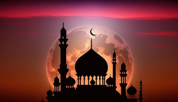 Ein Vollmond und eine Moschee mit Mond im Hintergrund