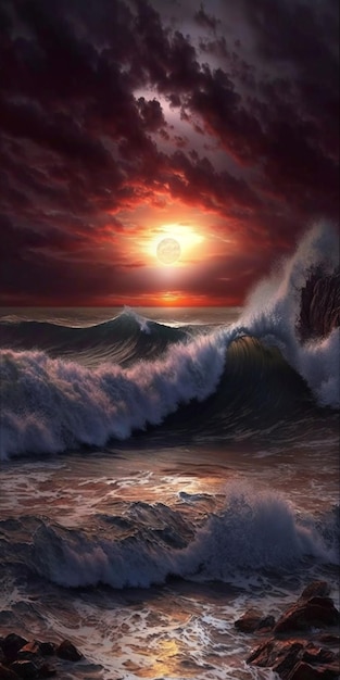 Ein vom Meer aus aufgenommenes Bild mit Sonnenuntergang im Hintergrund, generative KI