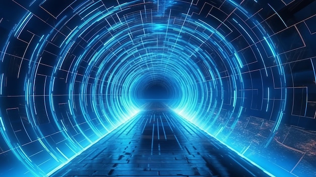 Ein von blauen Lichtern beleuchteter Tunnel, der eine faszinierende Atmosphäre schafft. Generative KI