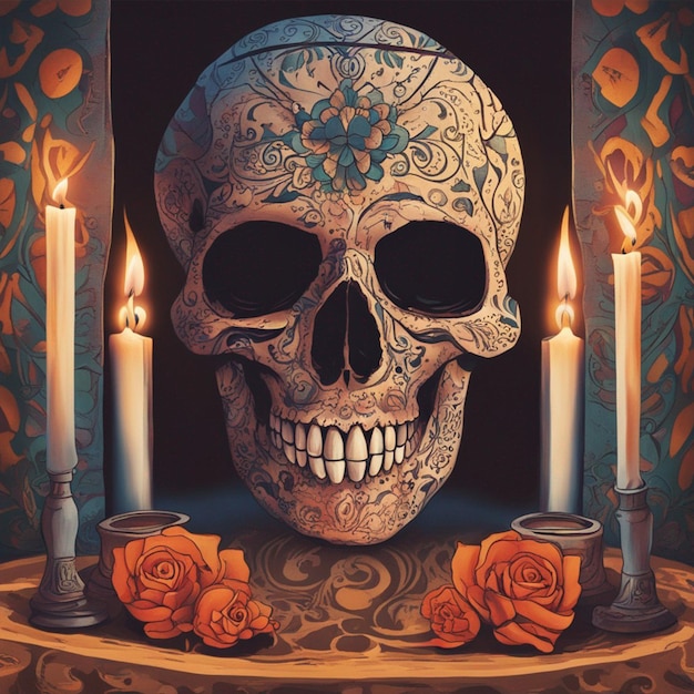 Ein von einer Kerze beleuchteter Totenkopf verleiht dem Hintergrundbild des Day of the Dead-Festivals eine bedeutungsvolle Note