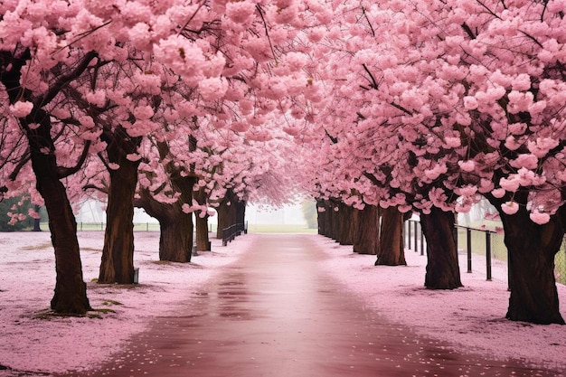 Ein von Kirschblütenbäumen gesäumter Weg