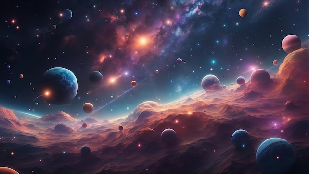 ein von kosmischem Staub inspirierter Hintergrund mit einer verträumten und surrealen Atmosphäre, die Sterne und Planeten vermischt