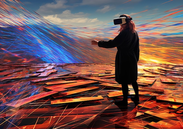Ein von zeitgenössischer Kunst inspiriertes Foto eines Geographen, der in einer virtuellen Realität forscht