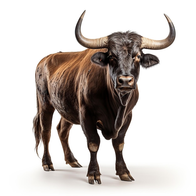 Ein vorderster Blick auf einen verrückten Rodeo-Bull auf einem weißen oder transparenten Hintergrund