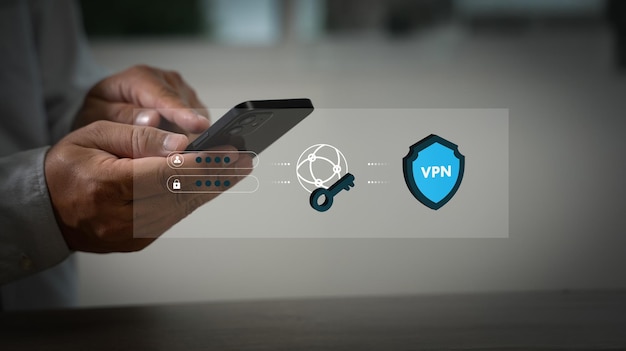 Ein VPN-Mann schreibt auf einem Laptop VPN Virtual Private Network Protokollkonzept Cyberspace-Netzwerk online