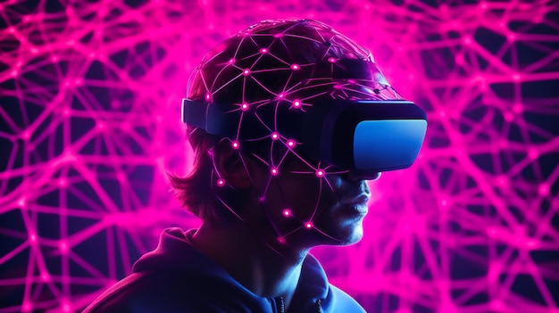 Ein VR-Headset auf dem Kopf eines Mannes