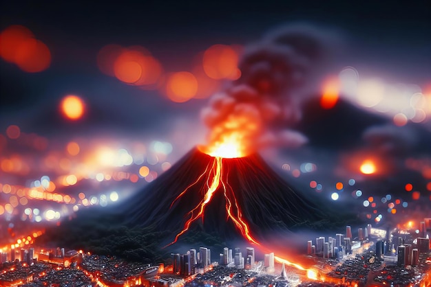 Ein Vulkan bricht mitten in einer Stadt aus.