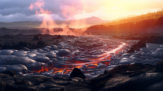Ein Vulkan wird von der untergehenden Sonne beleuchtet.