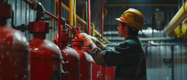 Ein wachsamer Feuerwehrmann passt die Ausrüstung in der roten Atmosphäre des Notfalls an