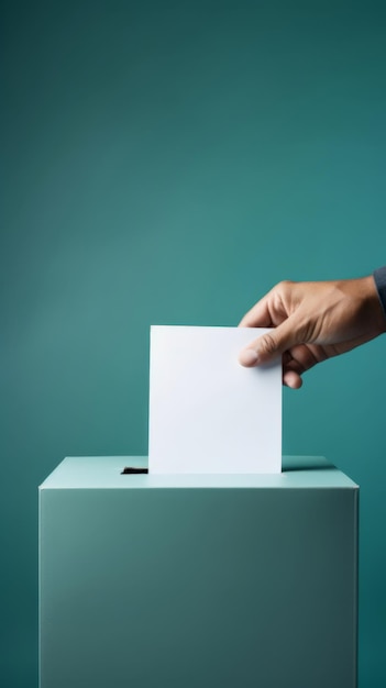 Ein Wähler legt einen Stimmzettel in eine schlanke Teal-Wahlkasse auf einem Teal-Hintergrund