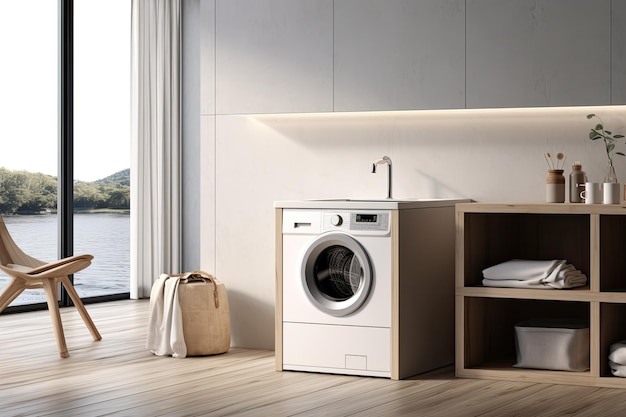 Ein Wäscheschrank mit einer Waschmaschine wird in einem Render gezeigt, das von einem Fenster mit einem offenen Sp positioniert ist