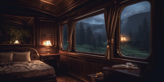 Ein Waggon mit einem Bett und einer Lampe an der Wand