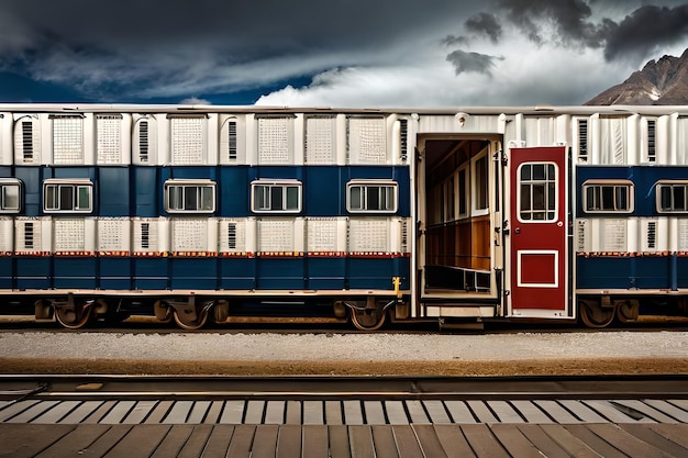 Foto ein waggon mit einer roten tür, auf der steht: „der zug steht auf den gleisen“