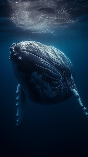 Ein Wal im Ozean mit dem Wort Wal auf der Unterseite