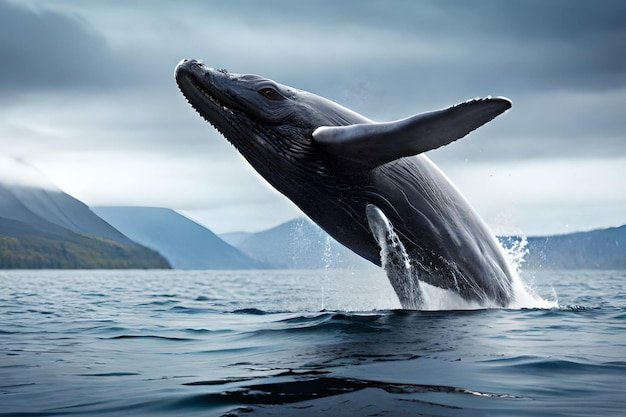 Ein Wal springt im Ozean aus dem Wasser.