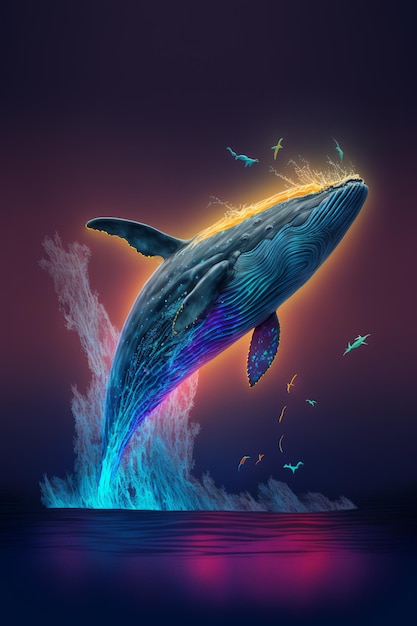 Ein Wal springt mit buntem Hintergrund aus dem Wasser.