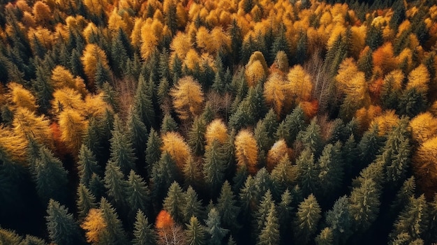 Ein Wald aus Bäumen mit einem gelben Baum in der Mitte