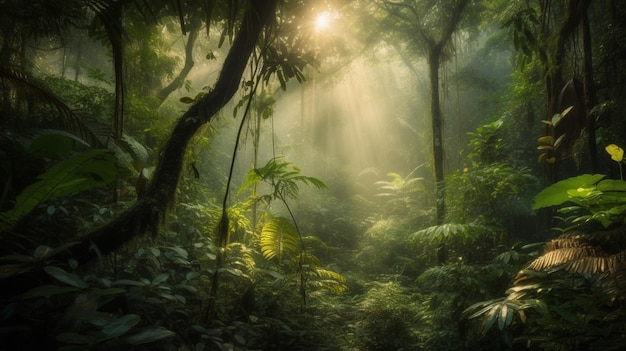 Ein Wald, in dem die Sonne durch die Bäume scheint