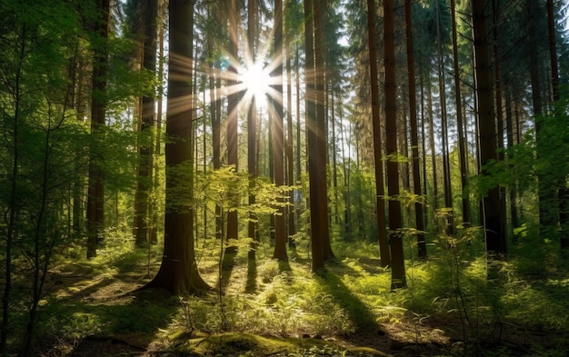 Ein Wald, in dem die Sonne durch die Bäume scheint