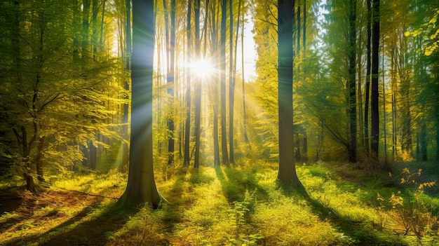 Ein Wald, in dem die Sonne durch die Bäume scheint