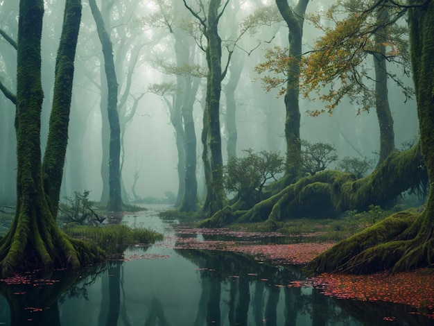 Ein Wald mit Bach und Bäumen im Nebel