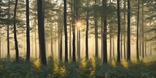 Ein Wald mit Bäumen im Vordergrund und der Sonne, die durch die Bäume scheint