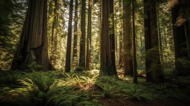 Ein Wald mit Bäumen und die Sonne scheint durch die Bäume