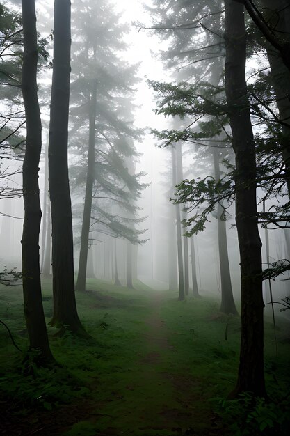 Foto ein wald mit bäumen und nebel