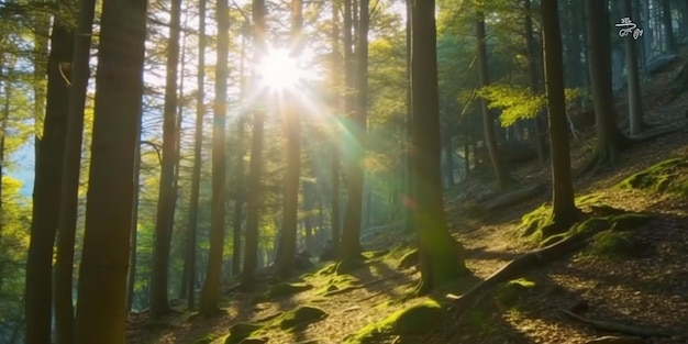 Ein Wald mit Bäumen und Sonne, die durch die Bäume scheint