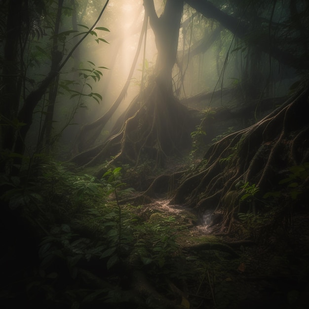 Ein Wald mit Baumwurzeln, auf denen das Wort Dschungel steht