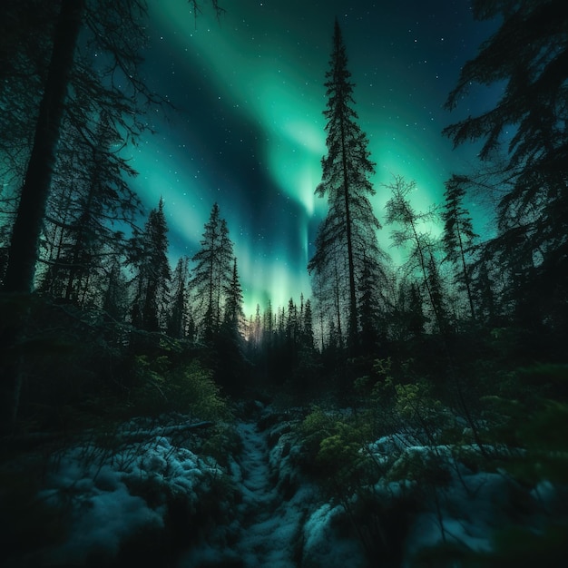 Ein Wald mit der Aurora Borealis darüber