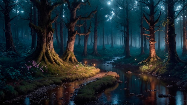 Ein Wald mit einem Bach und einem Licht darauf