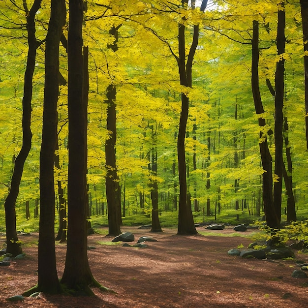 Ein Wald mit einem Baum im Vordergrund und einem gelbblättrigen Baum im Hintergrund.