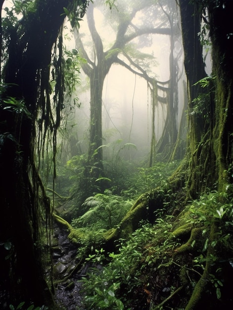 Ein Wald mit einem Baum im Vordergrund und einem nebligen Hintergrund.