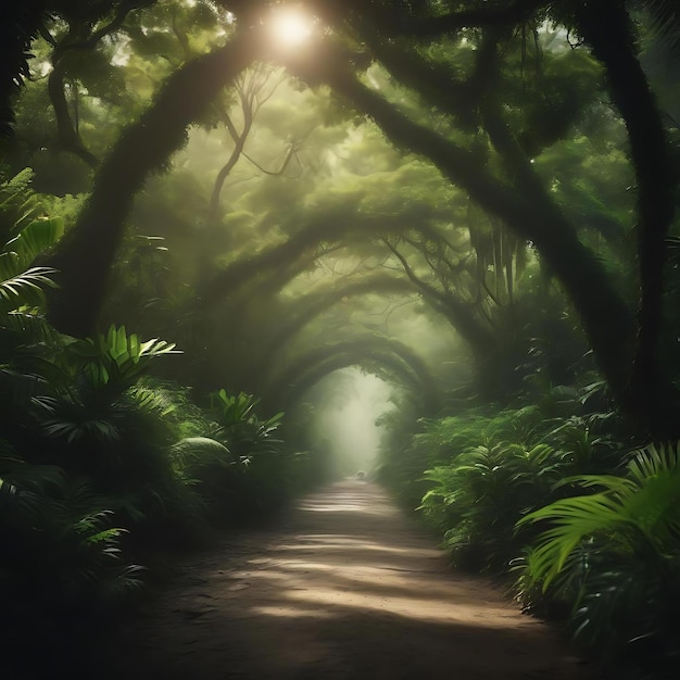 ein Wald mit einem Baumstamm und einem Pfad durch ihn