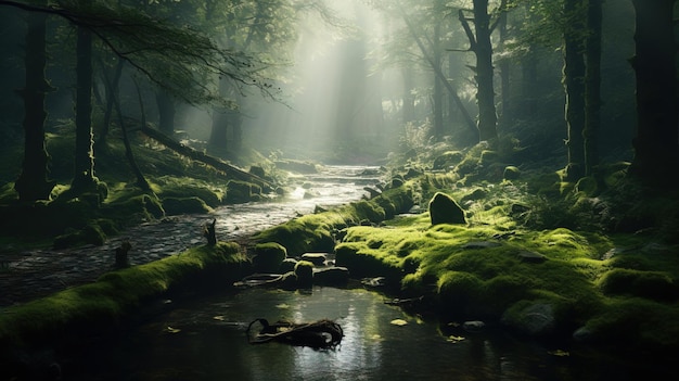 ein Wald mit einem durchlaufenden Bach und ein Wald mit durchlaufendem Bach