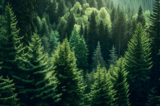 Ein Wald mit einem grünen Baum an der Spitze