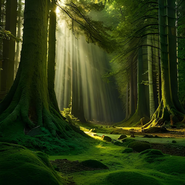 Ein Wald mit einem grünen Wald, in dem die Sonne durch die Bäume scheint